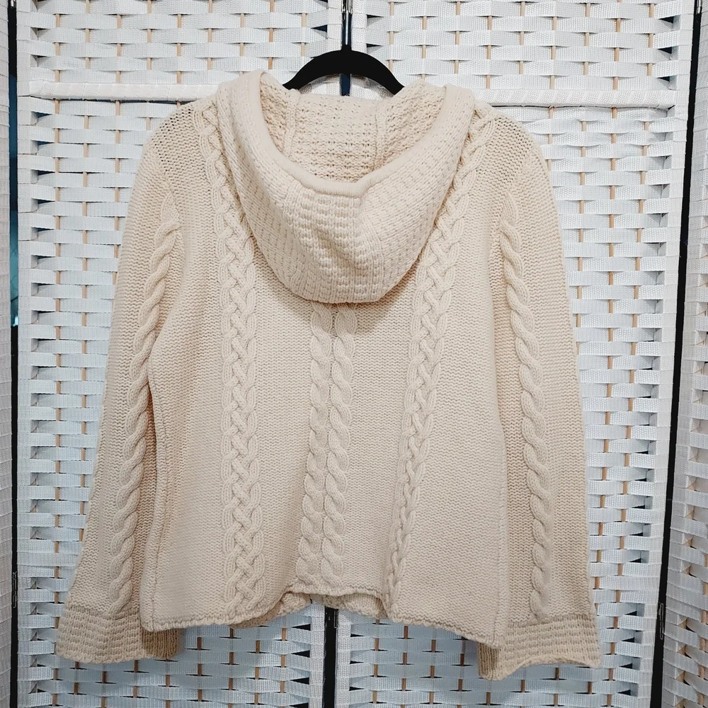 💙Banana Republic 100% Lambswool Hooded Cable Knit Sweater Cream 🤍LARGE